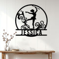 Baton twirling wall decor displayed on a white paneled wall above a rustic console table