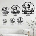 Baton twirling metal sign size guide showing six square size options in a room setting