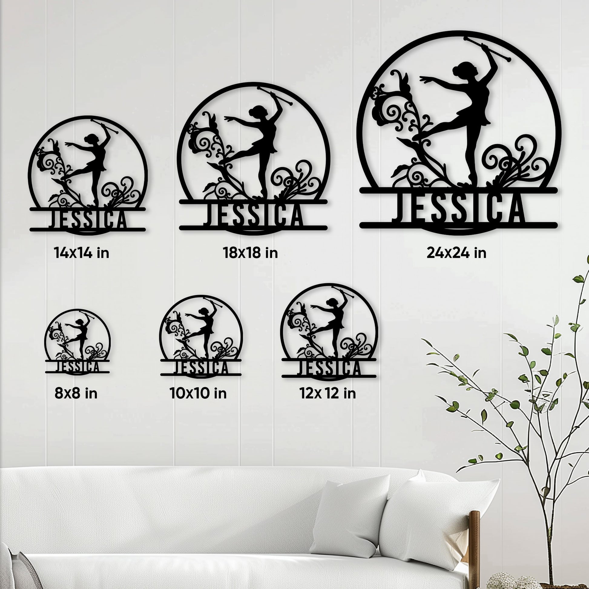 Baton twirling metal sign size guide showing six square size options in a room setting