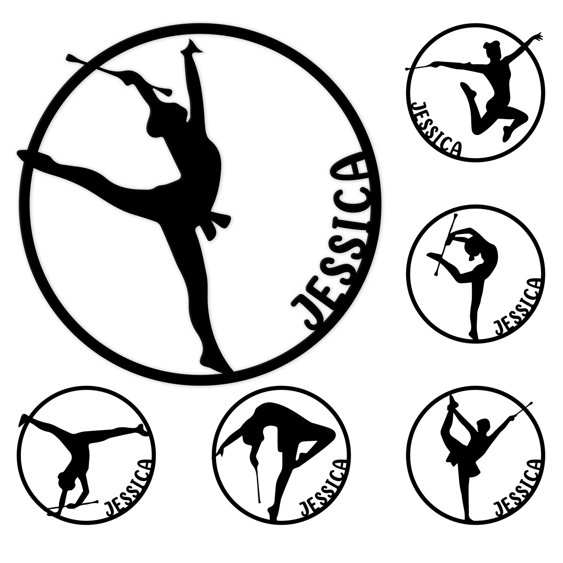 Baton twirling metal sign design with a central twirler silhouette and multiple performance pose options