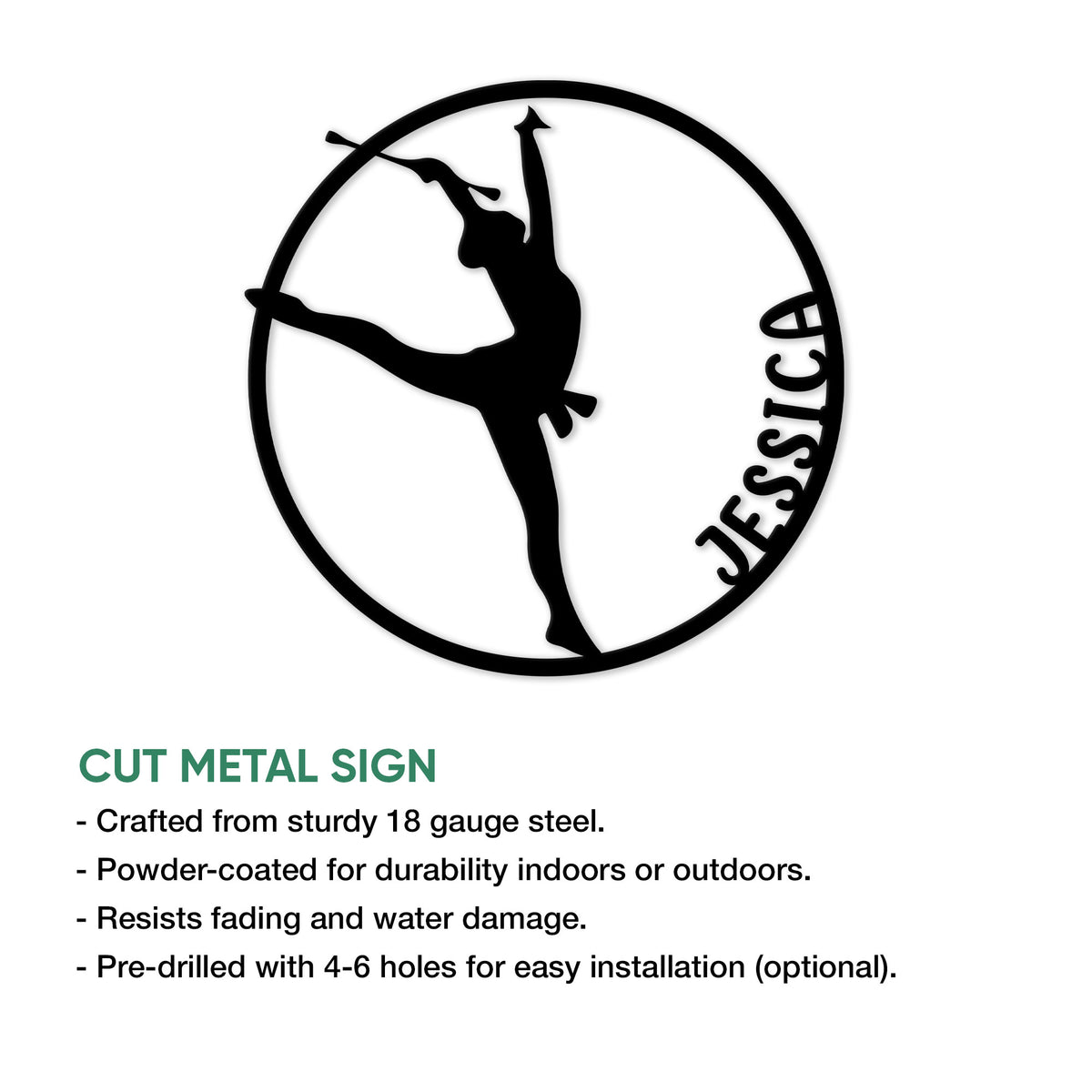 Round baton twirling sign featuring a dramatic silhouette of a performer balancing with a baton