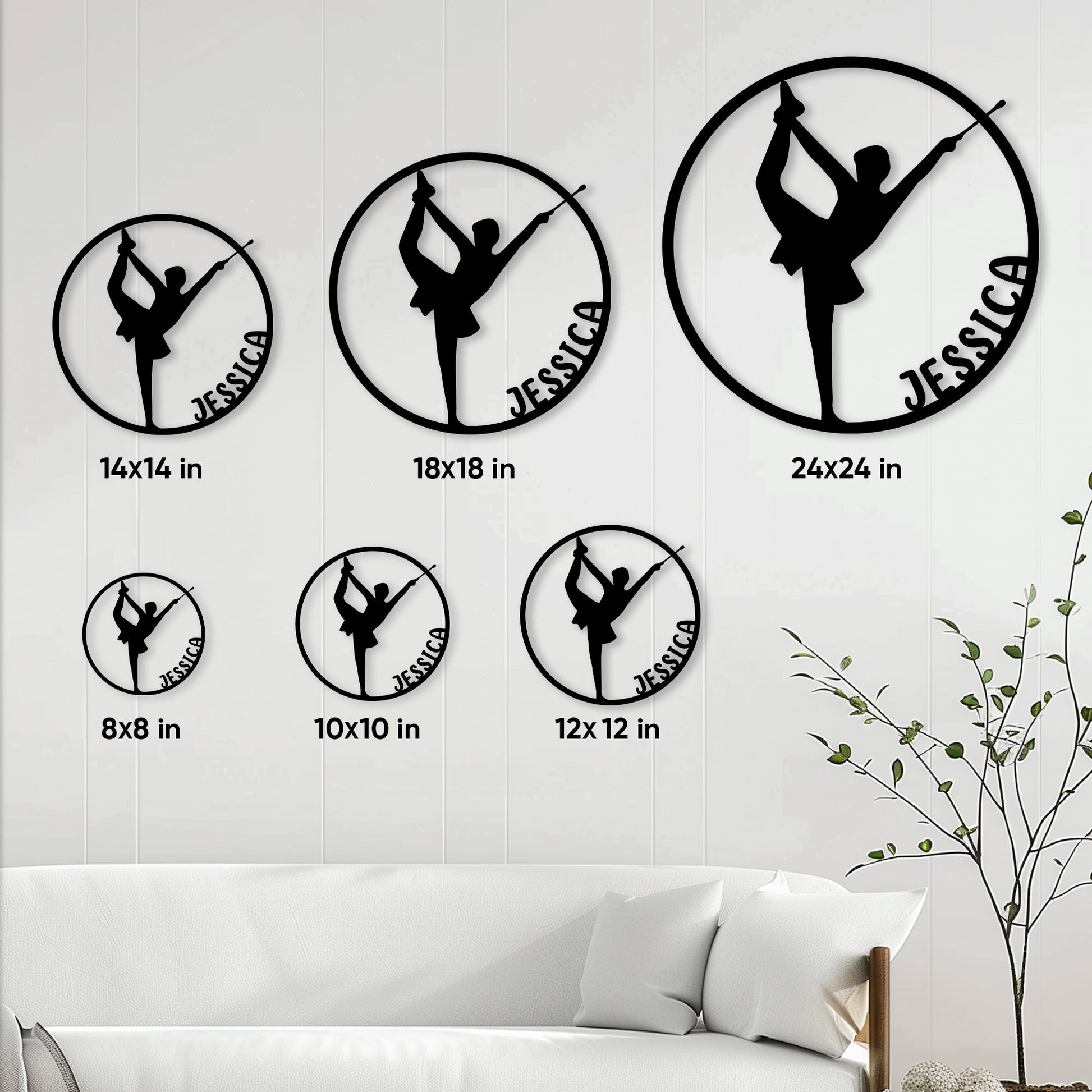 Baton twirling metal sign size guide showing available round sign sizes from 8 to 24 inches