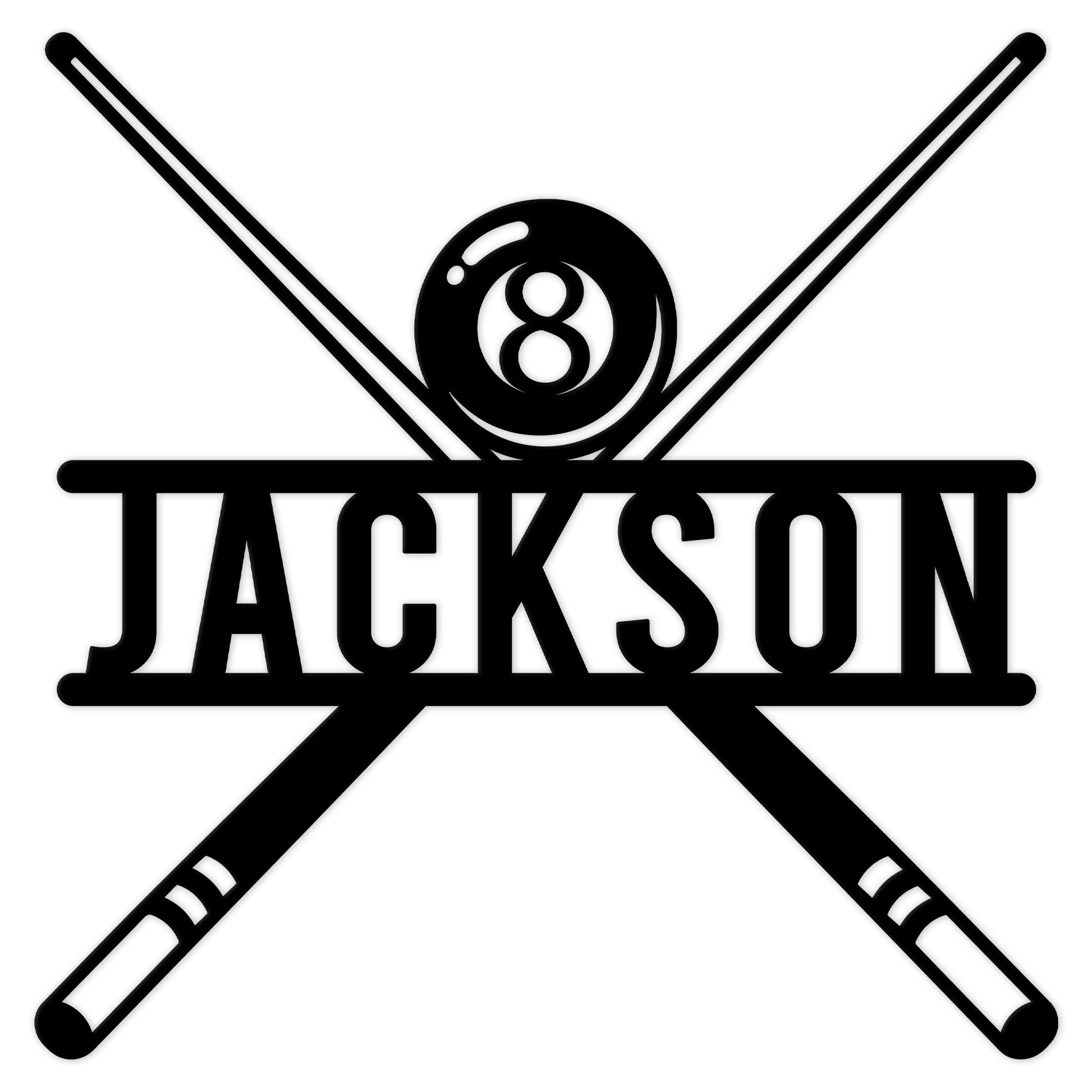 Custom billiards metal sign featuring a black 8 ball and crossed pool cues