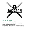 Billiards metal sign feature graphic showing an 8 ball, crossed pool cues, and cut metal design