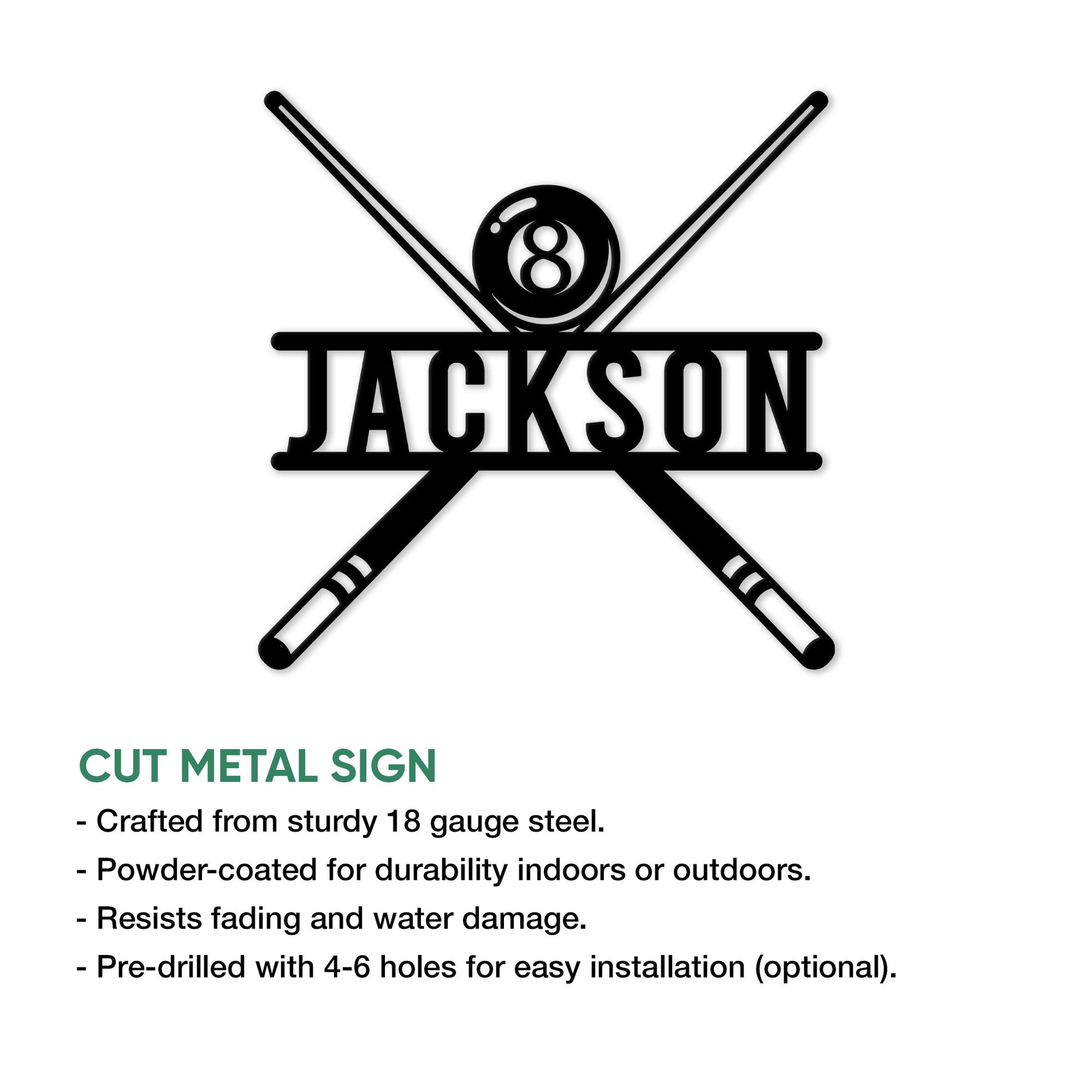 Billiards metal sign feature graphic showing an 8 ball, crossed pool cues, and cut metal design