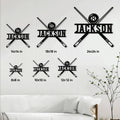 Billiards metal sign size guide showing several square size options in a living room setting