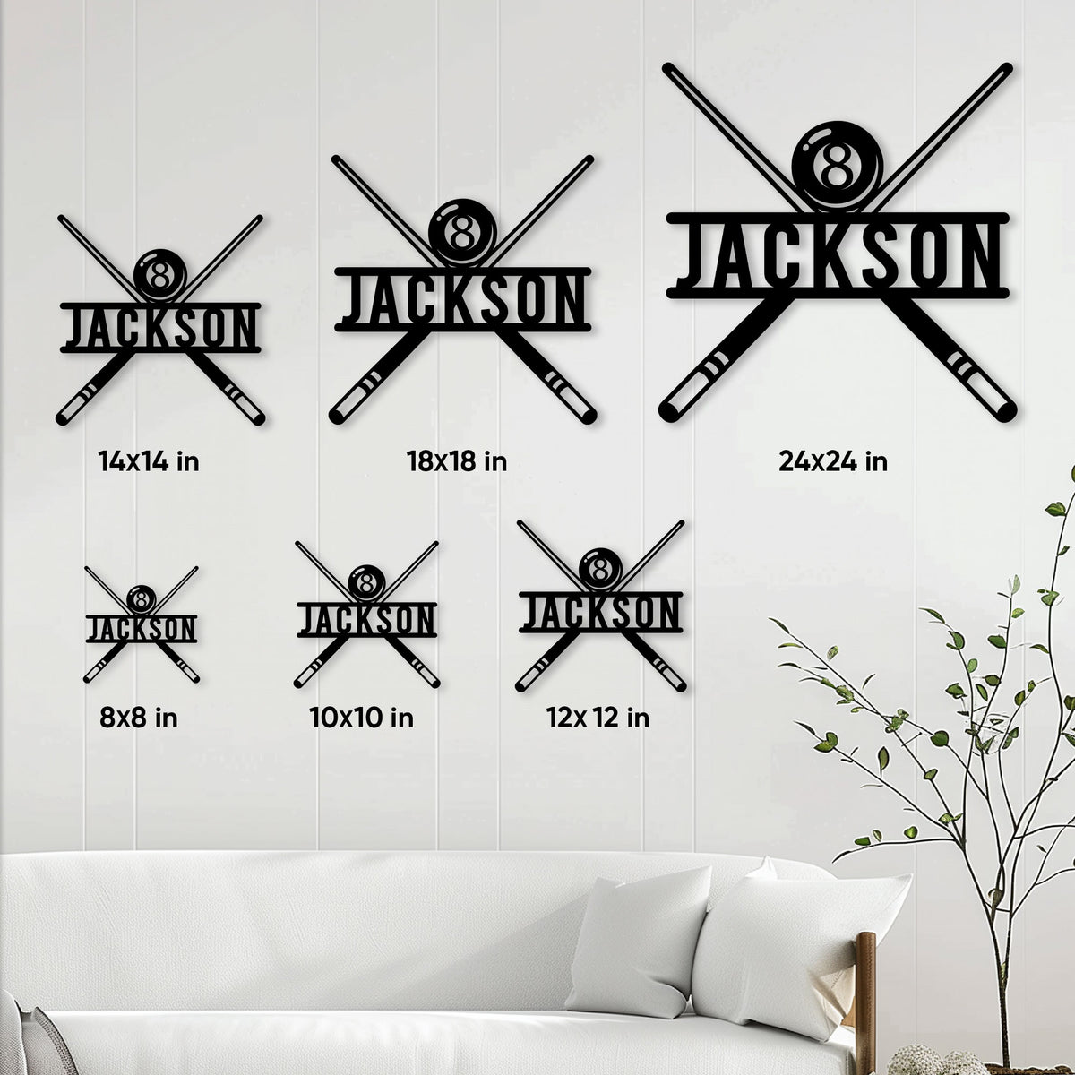 Billiards metal sign size guide showing several square size options in a living room setting