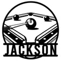 Billiards metal sign featuring a circular pool table, cue stick, billiard balls, and bold cutout design