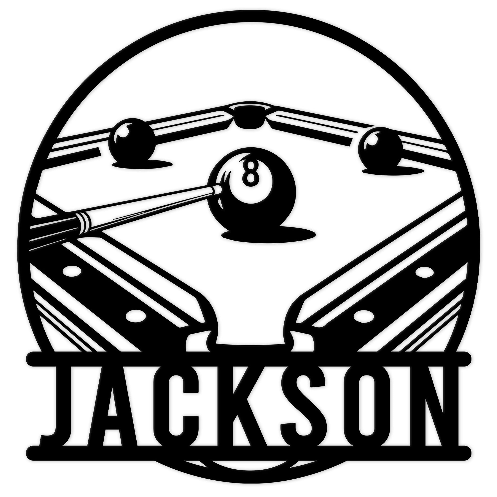 Billiards metal sign featuring a circular pool table, cue stick, billiard balls, and bold cutout design