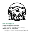 Billiards metal sign product graphic showing a circular pool table design with cue stick and billiard balls