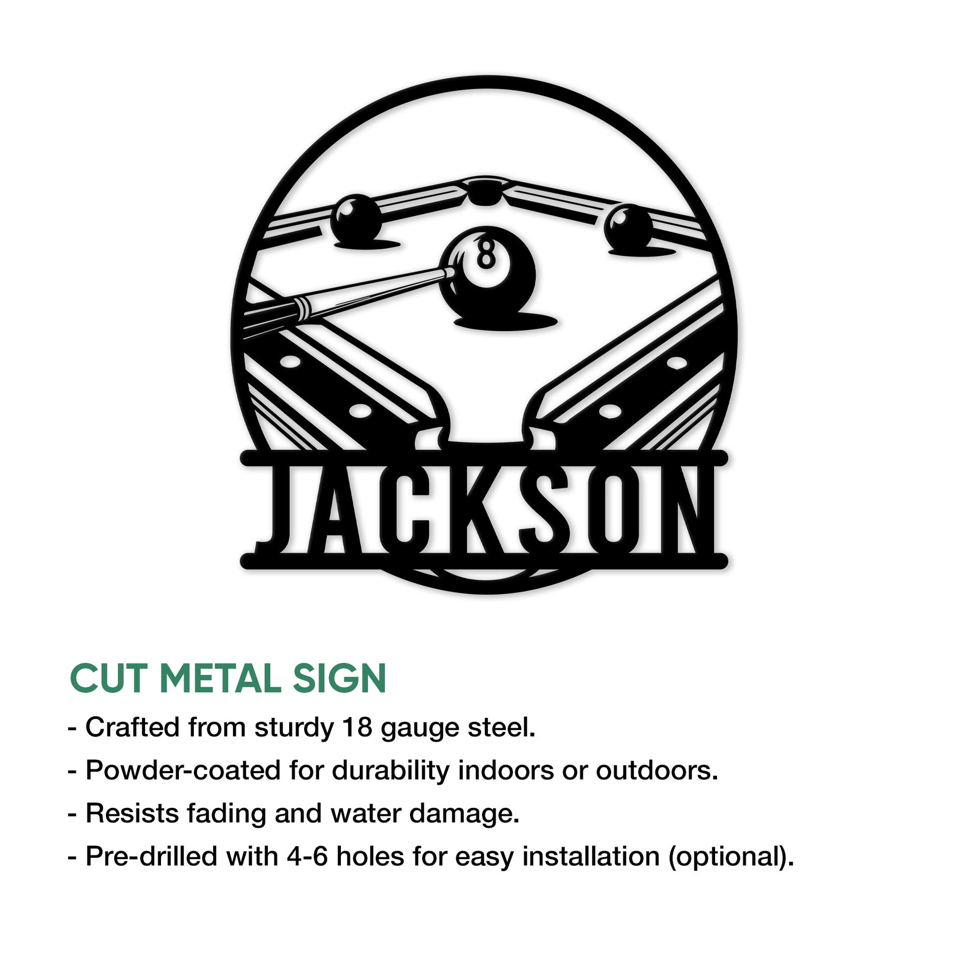 Billiards metal sign product graphic showing a circular pool table design with cue stick and billiard balls