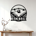 Billiards wall sign displayed on a bright paneled wall above a rustic console table