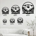 Billiards metal sign size guide showing six available square sizes in a room setting