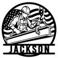 Custom ironworker metal sign featuring a hardhat worker handling a steel beam against an American flag