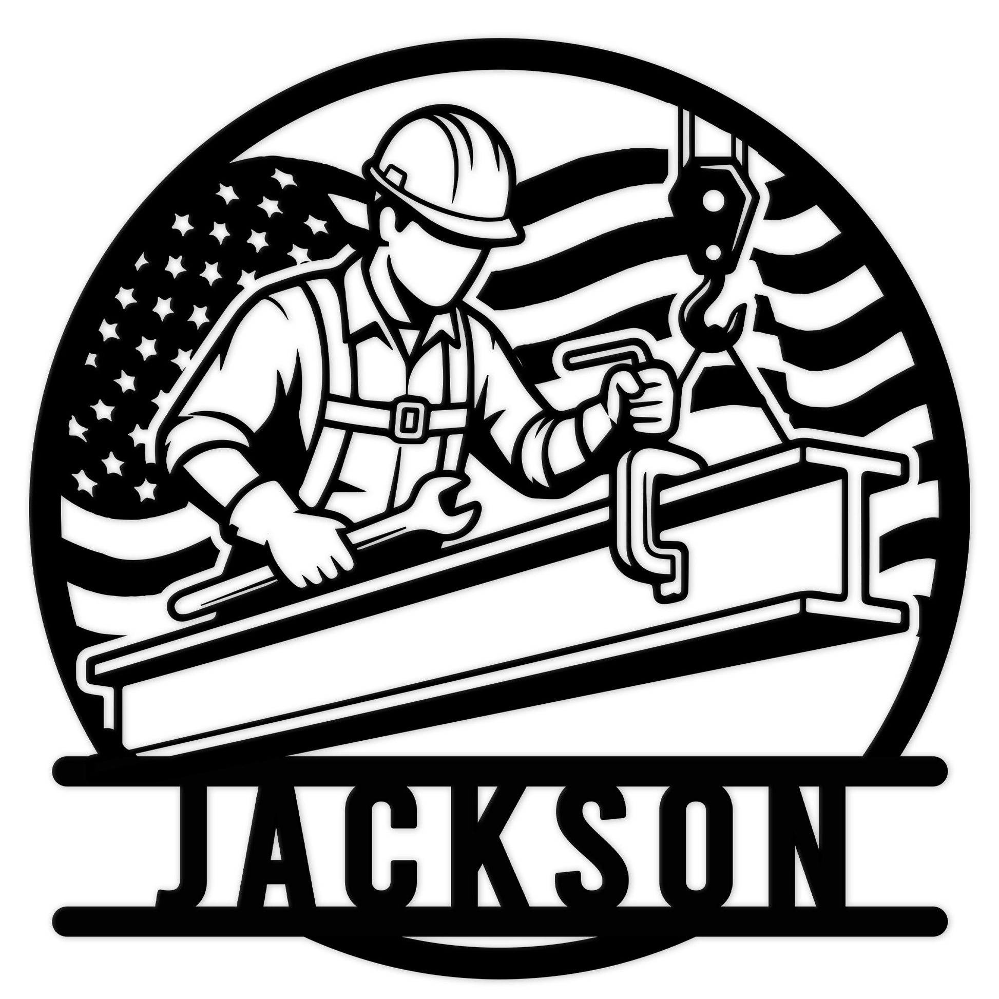 Custom ironworker metal sign featuring a hardhat worker handling a steel beam against an American flag