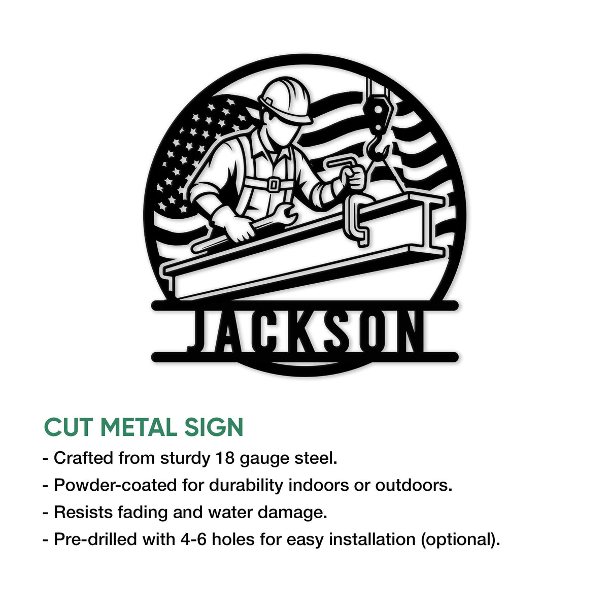 Ironworker metal sign shown with a cut-metal design and patriotic worker artwork