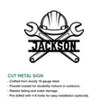 Ironworker metal sign with hard hat and crossed wrenches shown alongside a cut metal sign feature guide