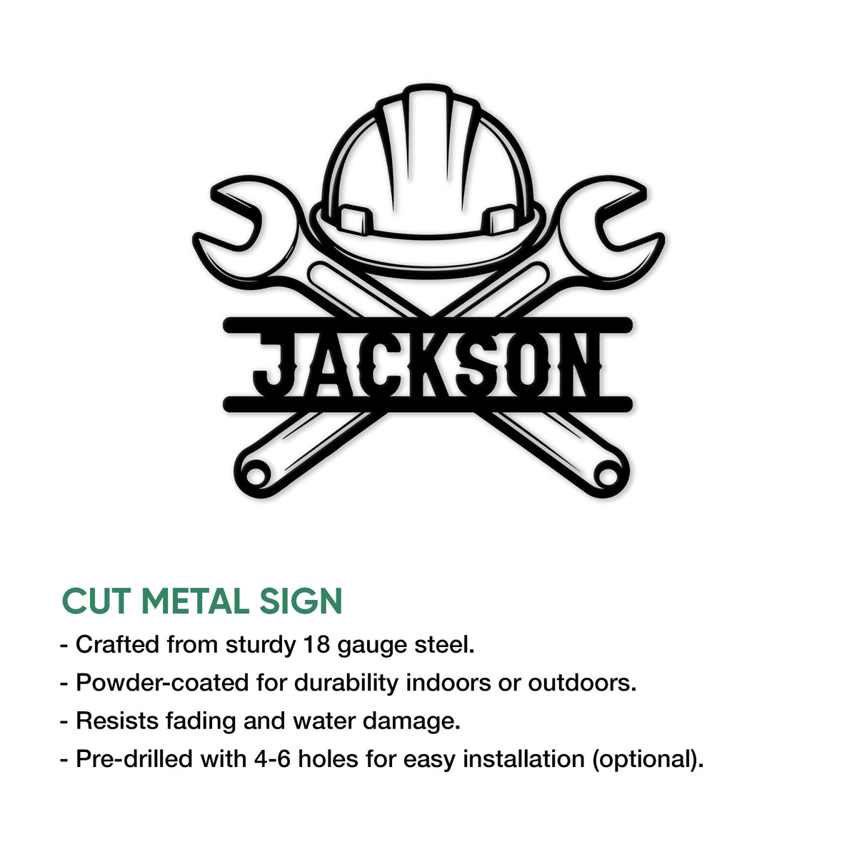 Ironworker metal sign with hard hat and crossed wrenches shown alongside a cut metal sign feature guide