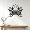 Ironworker wall sign displayed on white paneling above a rustic console table in a modern entryway