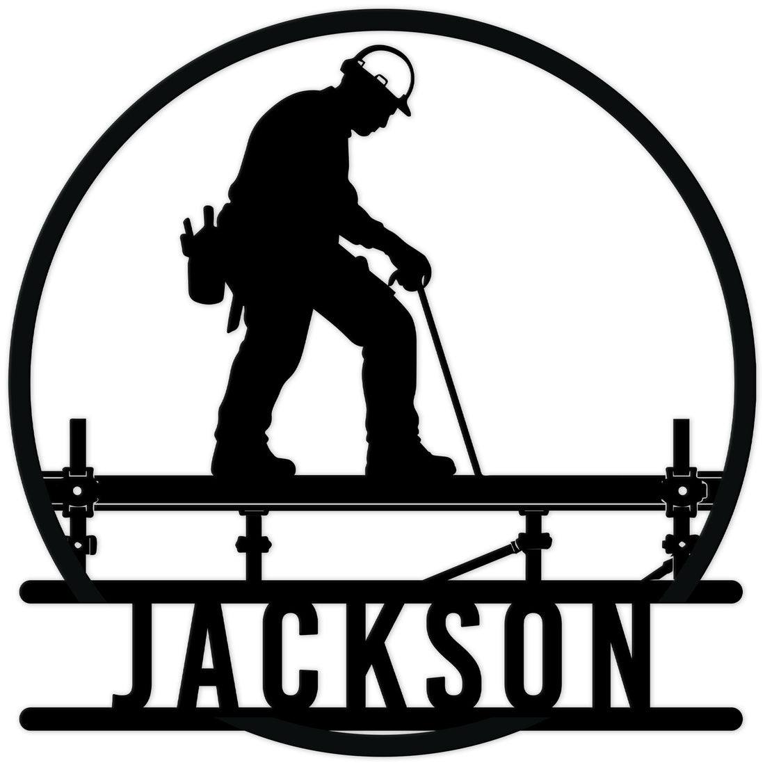 Ironworker metal sign featuring a hard-hat worker balancing on a steel beam in bold silhouette