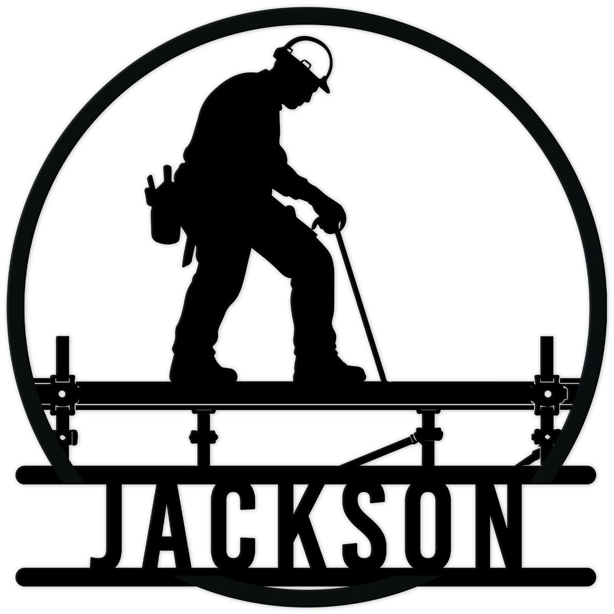 Ironworker metal sign featuring a hard-hat worker balancing on a steel beam in bold silhouette