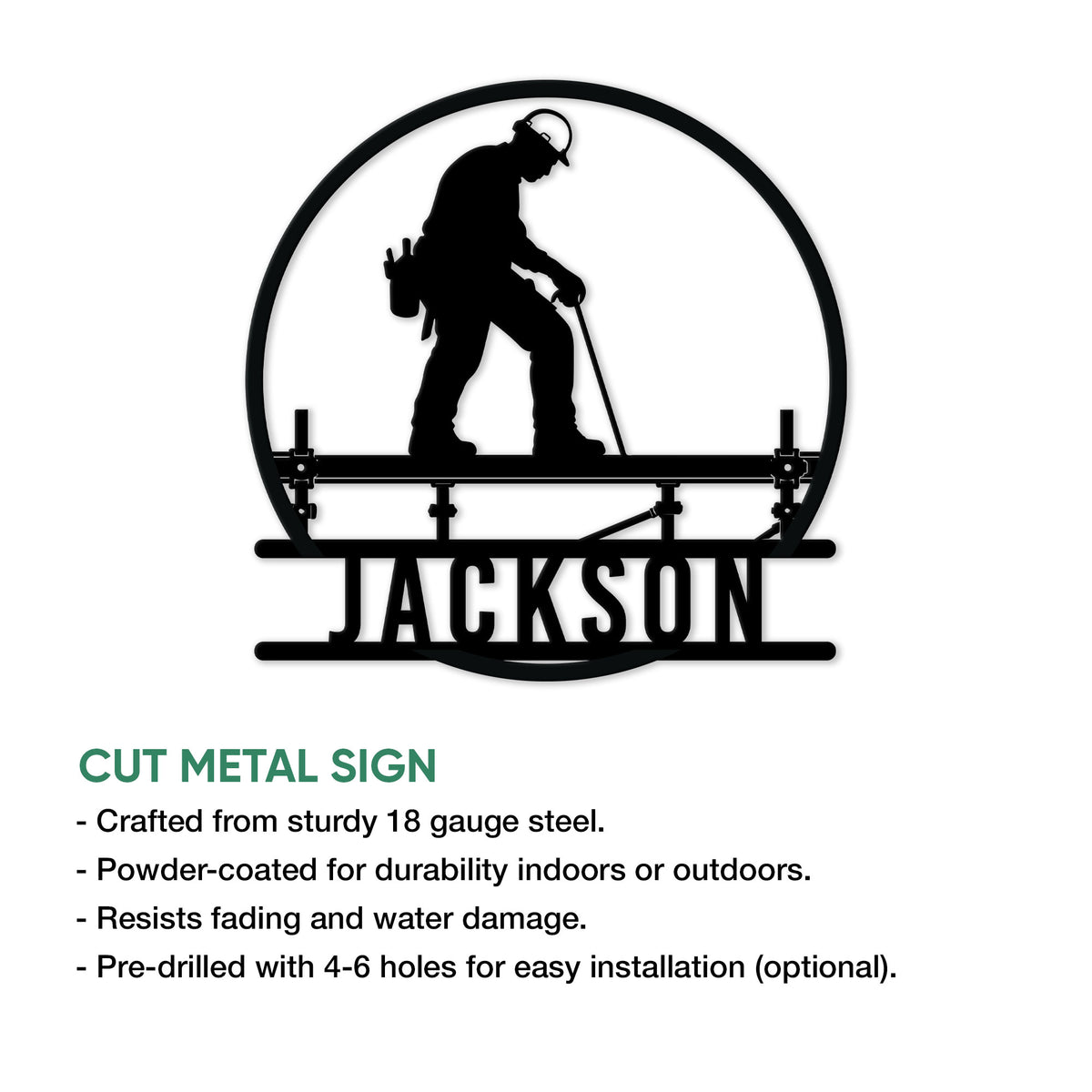 Cut metal ironworker sign shown with a steel beam worker silhouette and circular industrial design
