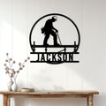 Ironworker metal wall sign displayed on a bright paneled wall above a rustic console table