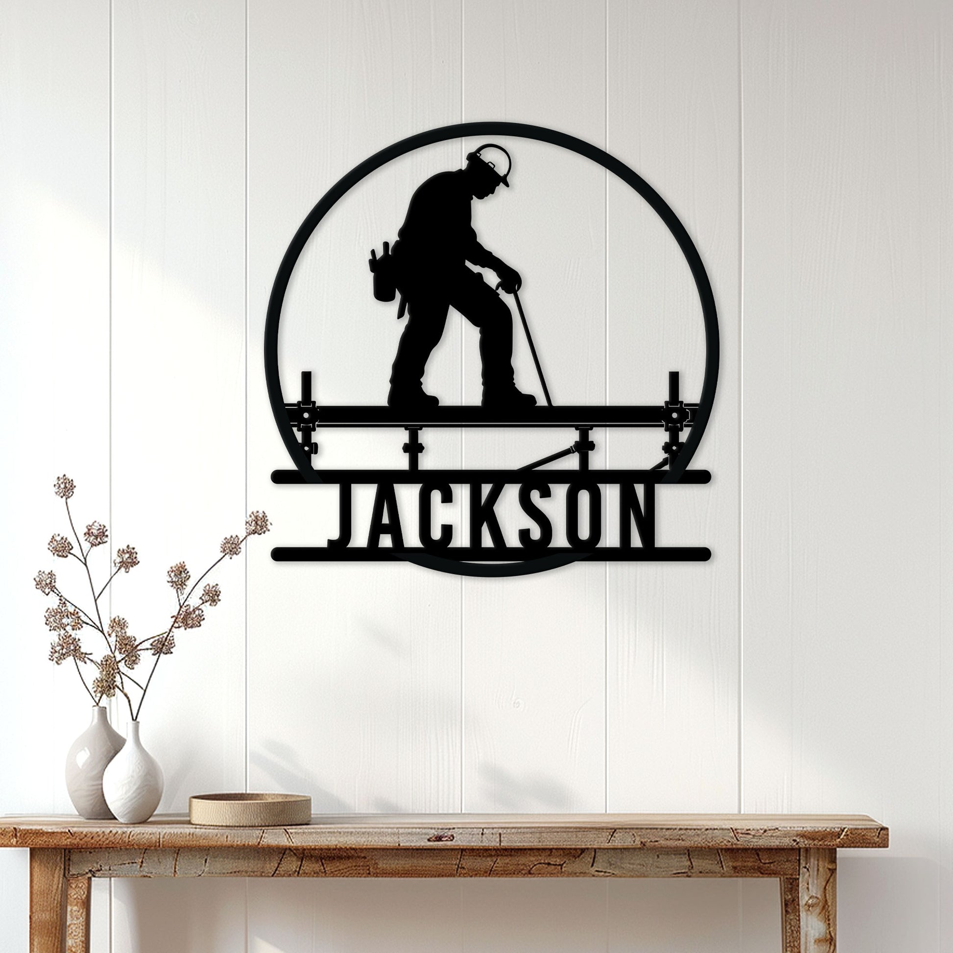 Ironworker metal wall sign displayed on a bright paneled wall above a rustic console table