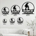 Ironworker metal sign size guide showing six square size options in a living room setting