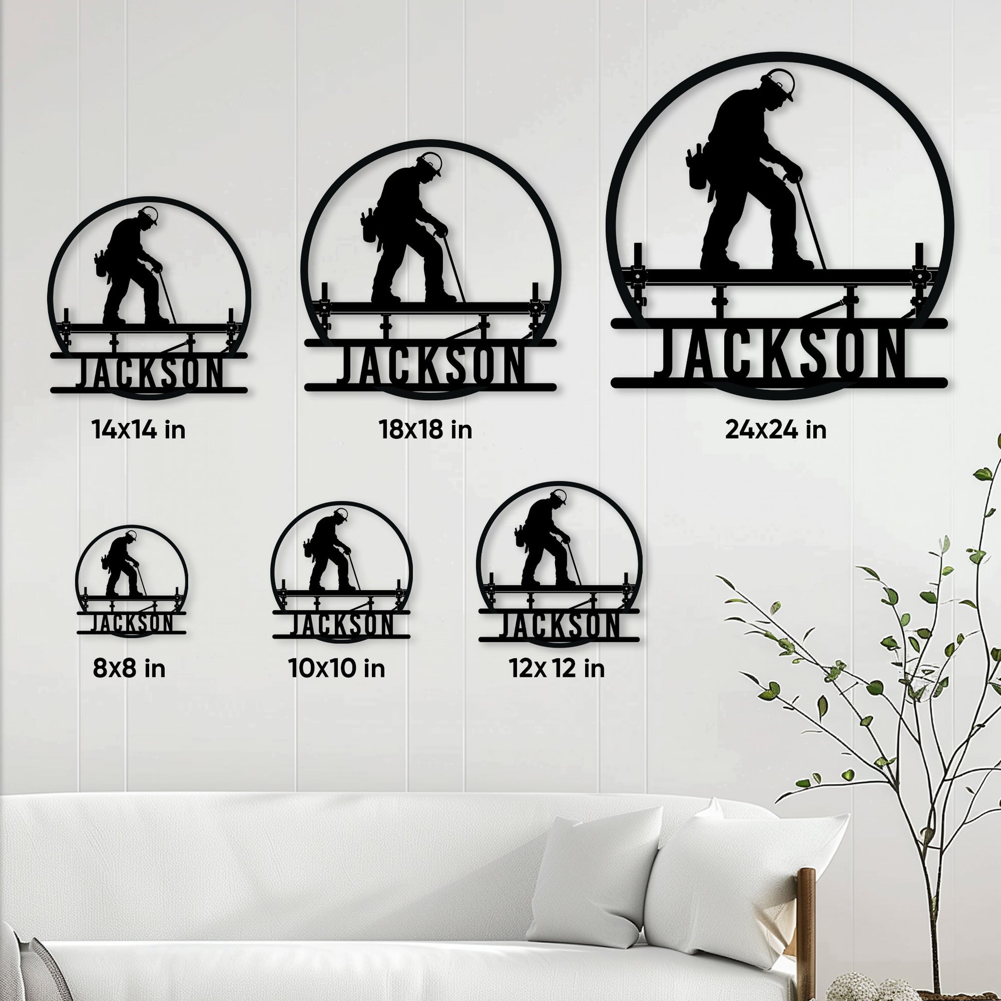 Ironworker metal sign size guide showing six square size options in a living room setting