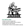 Close product view of an ironworker metal sign with a worker assembling structural steel