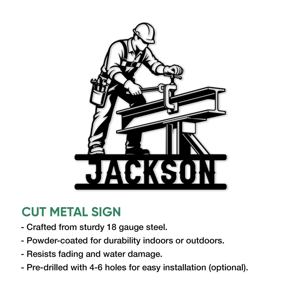 Close product view of an ironworker metal sign with a worker assembling structural steel