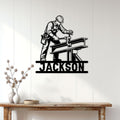 Ironworker wall sign displayed on white paneling above a rustic console table