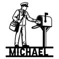 Black metal sign featuring a postal worker delivering a letter to a rural mailbox