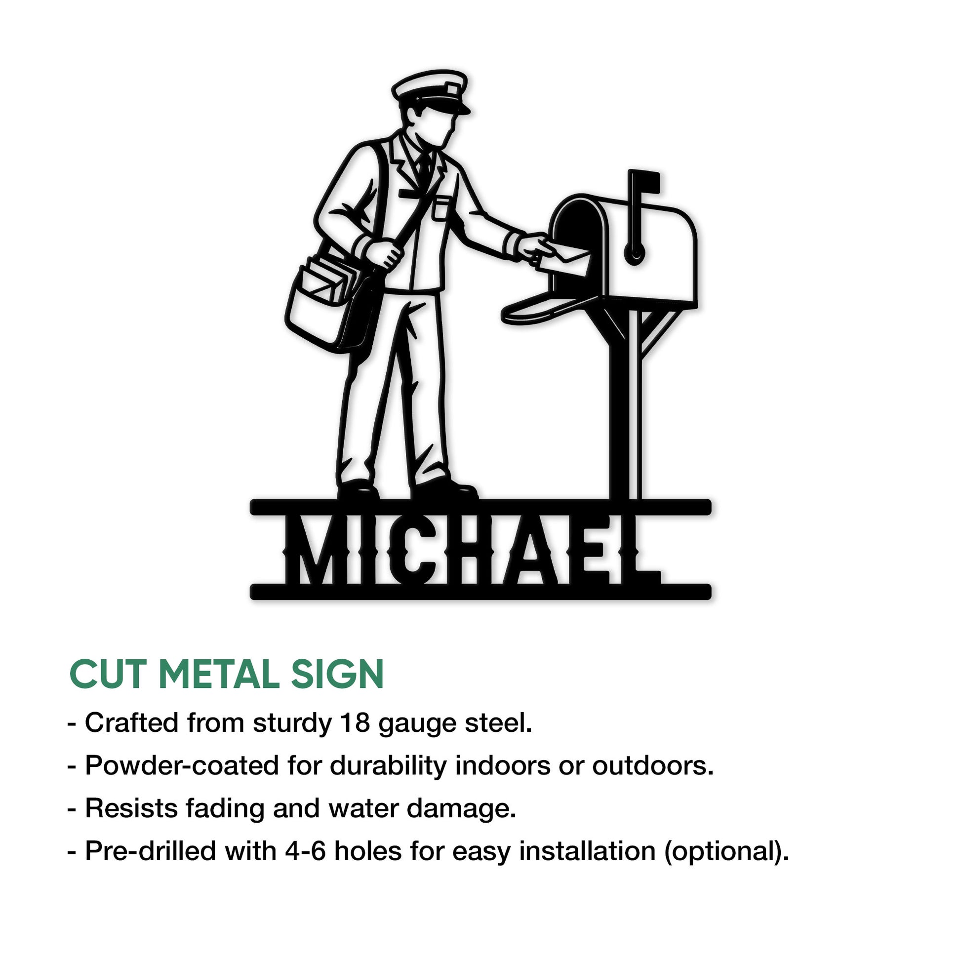 Postal worker mailbox metal sign shown with a cut-metal sign feature and installation guide