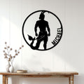 Aquarius zodiac metal sign displayed as statement wall decor above a console table