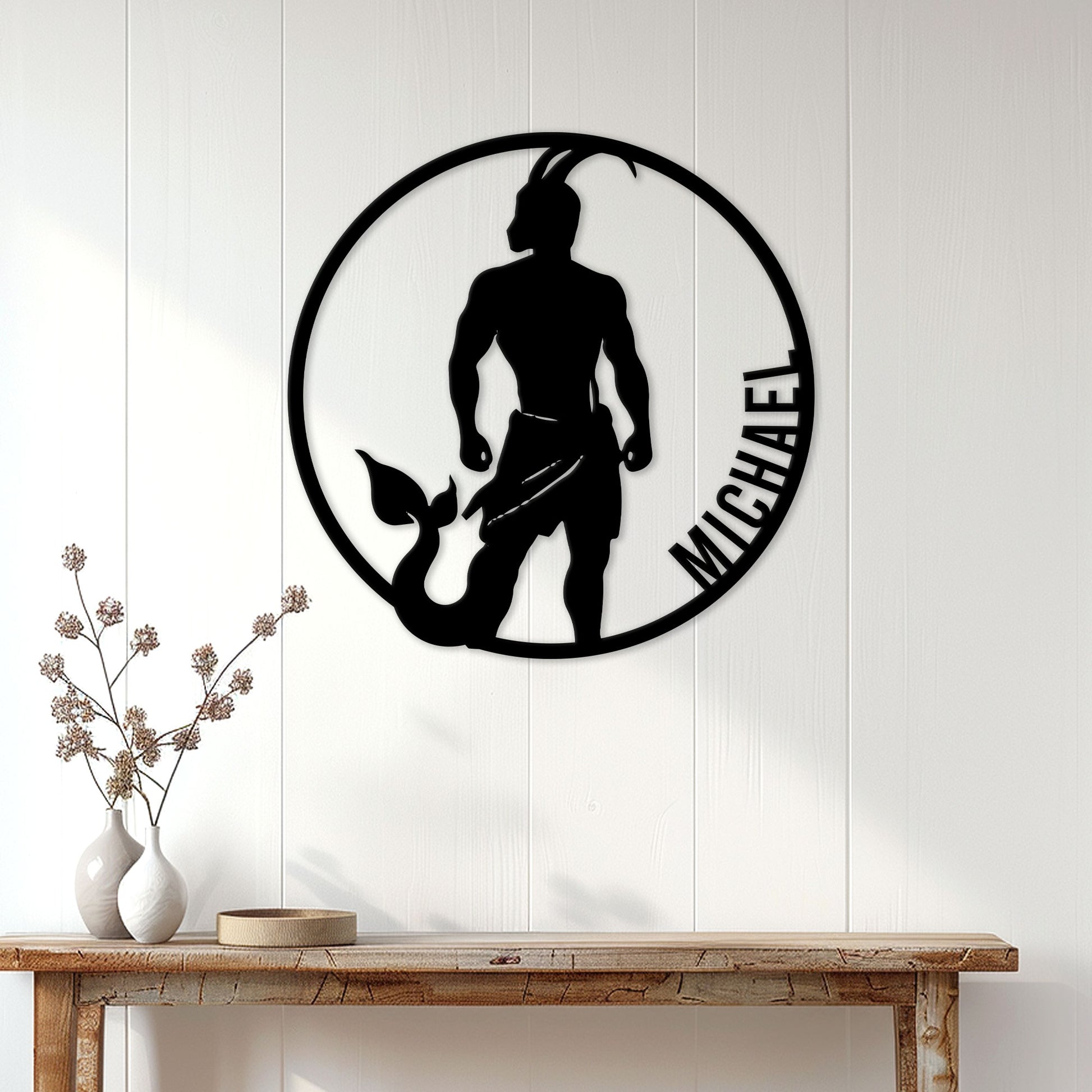 Aquarius zodiac metal sign displayed as statement wall decor above a console table