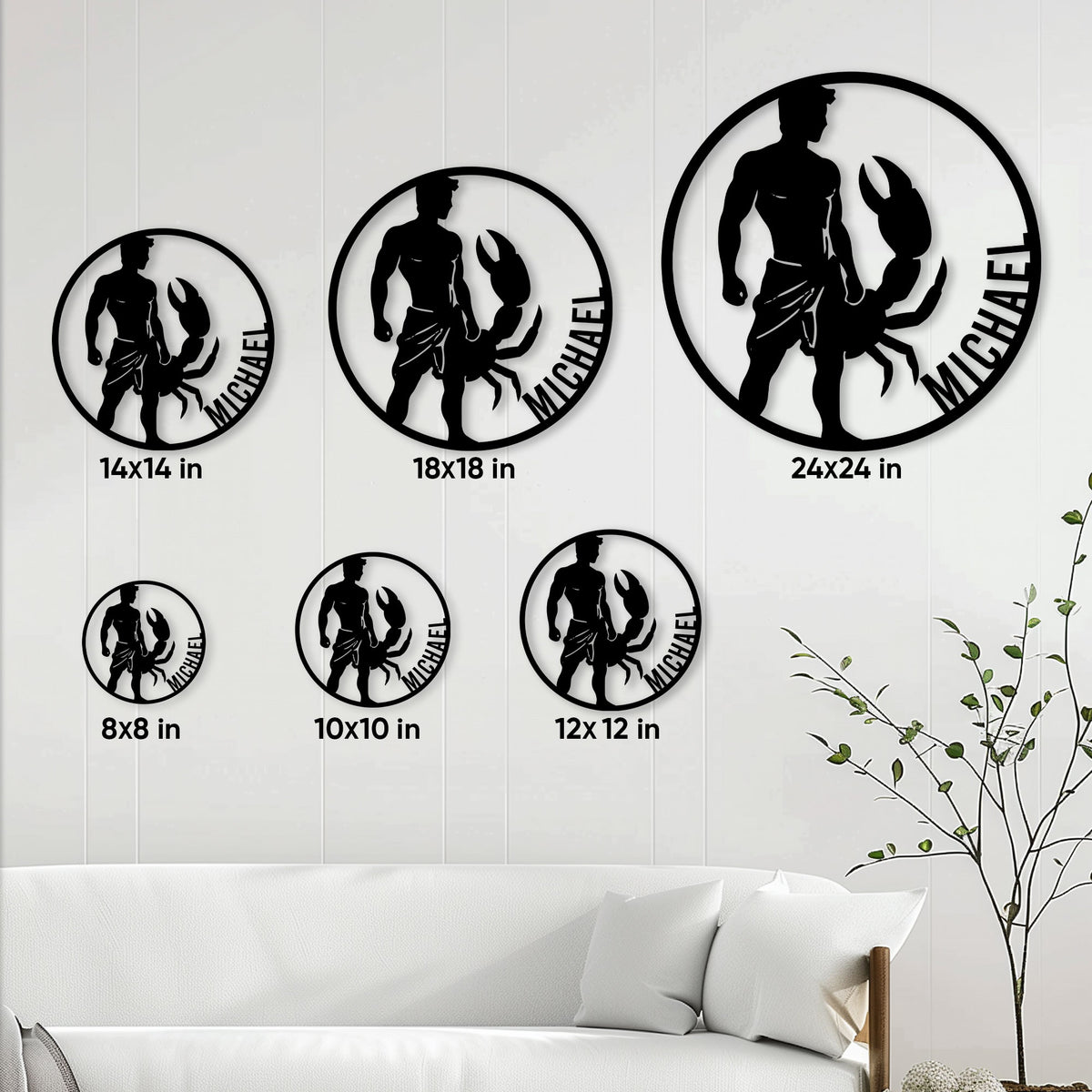 Zodiac metal sign size guide showing circular designs in six available dimensions