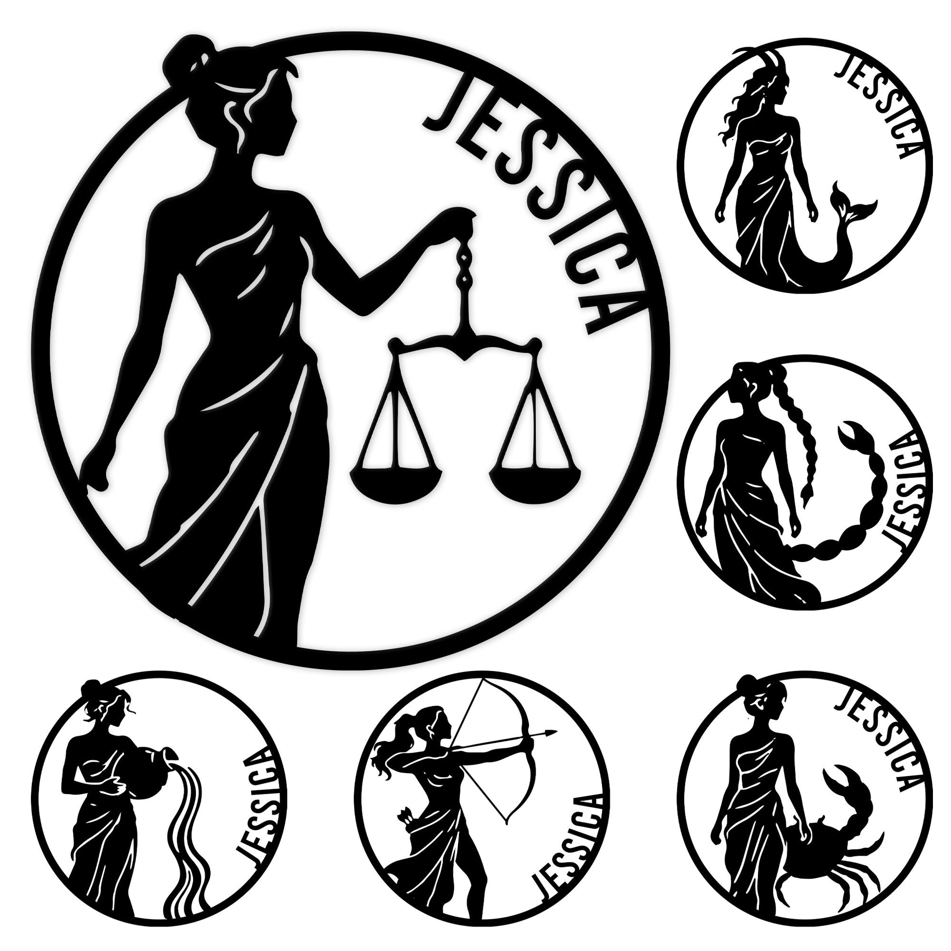 Zodiac metal sign collection showing feminine silhouettes and symbols for all twelve astrological signs