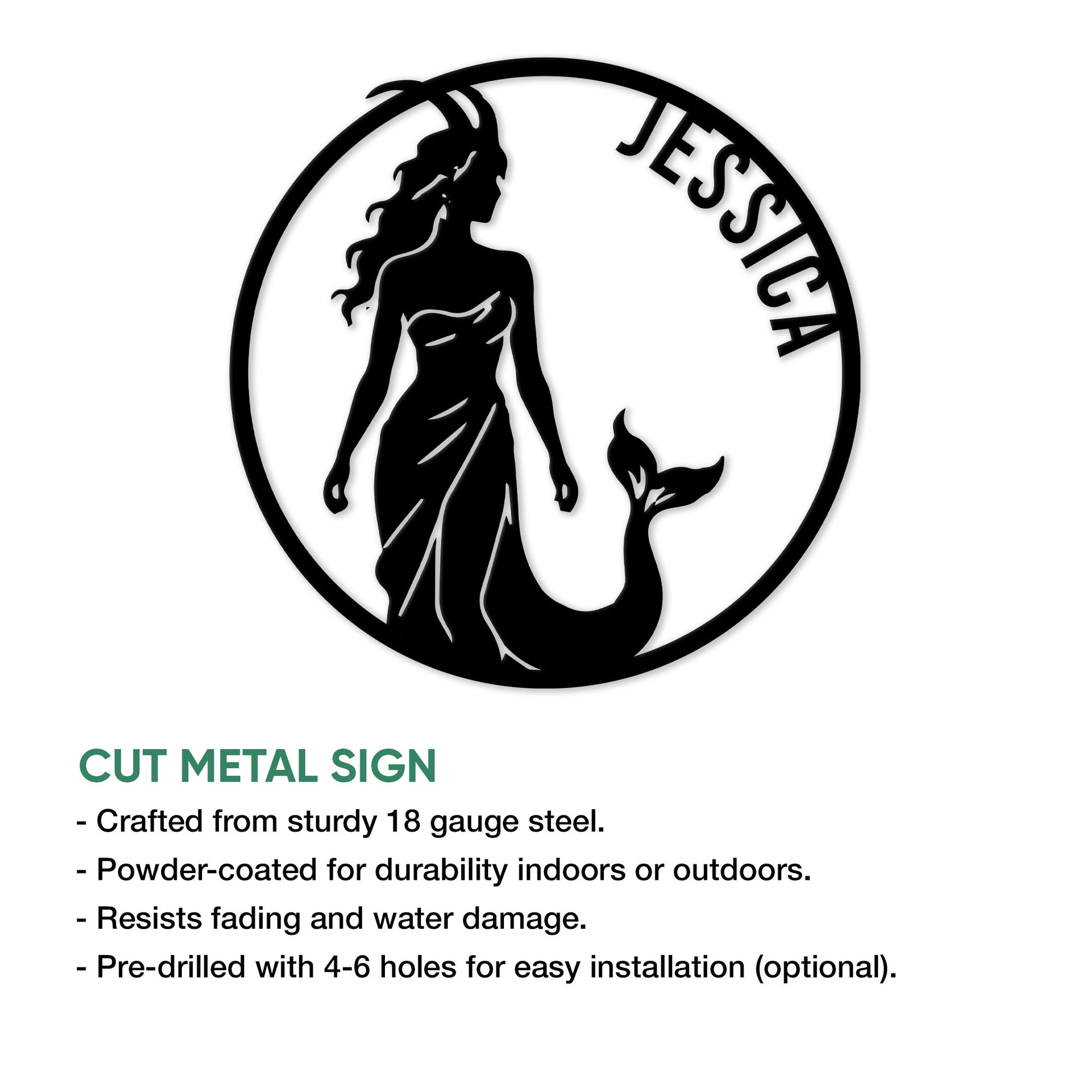 Pisces zodiac metal sign featuring a flowing mermaid silhouette within a circular design