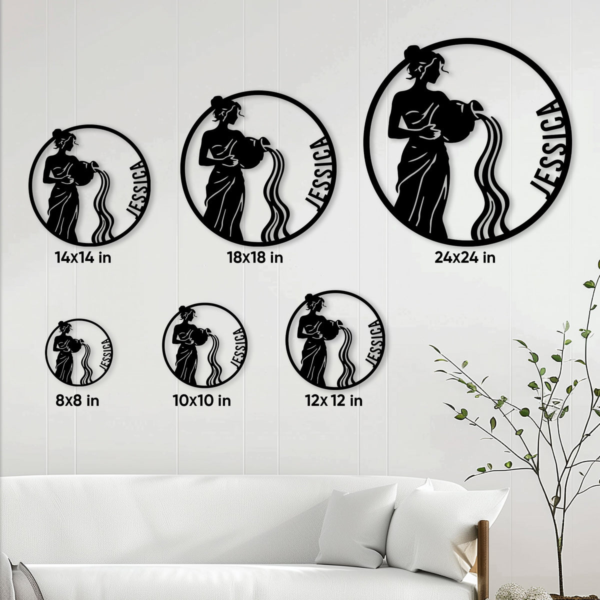 Zodiac metal sign size guide showing circular designs in eight, ten, twelve, fourteen, eighteen, and twenty-four inch sizes