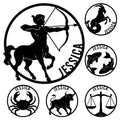 Zodiac metal sign design collage showing bold black silhouettes for Sagittarius, Capricorn, Libra, Cancer, Taurus, and other signs