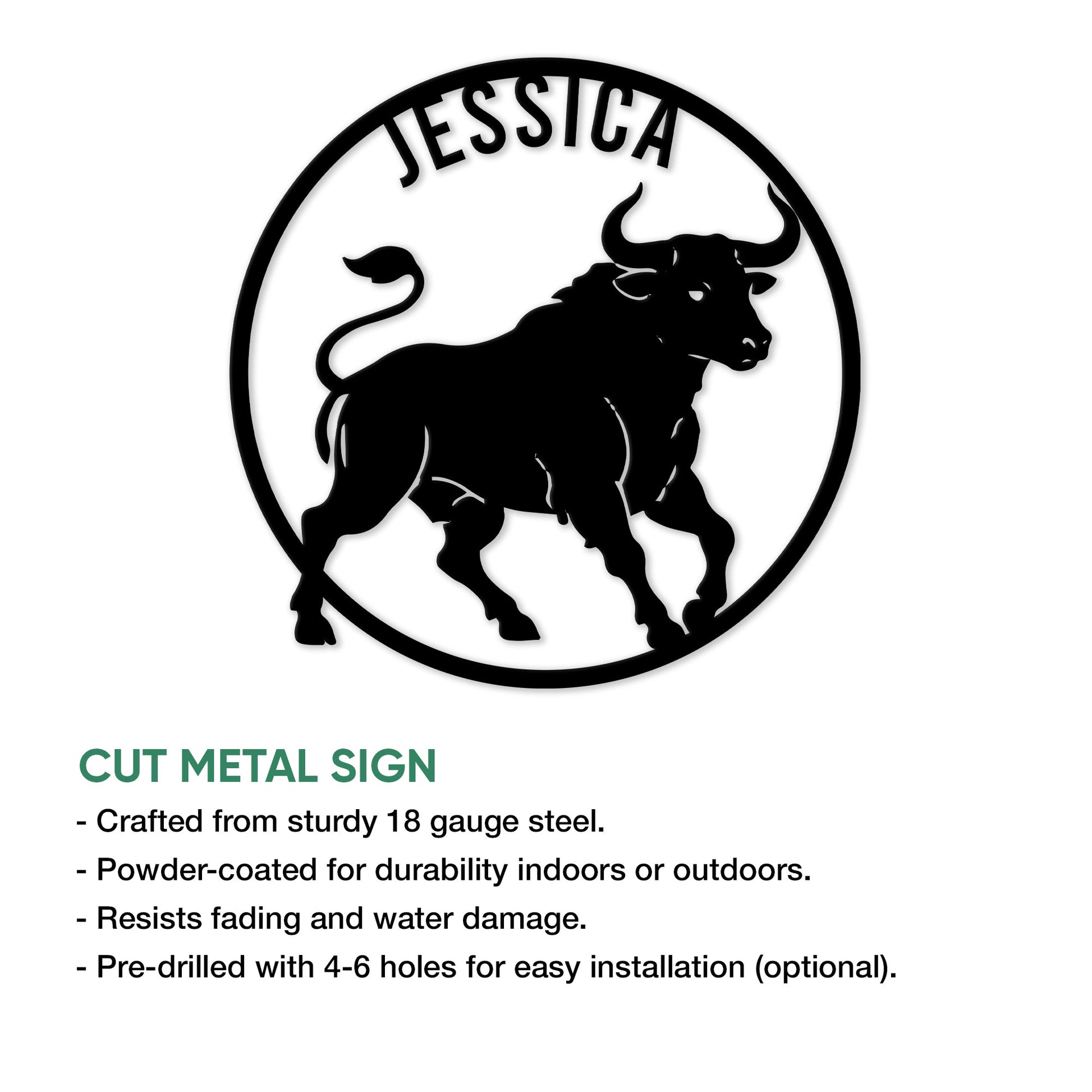 Taurus zodiac metal sign featuring a powerful bull silhouette inside a circular frame