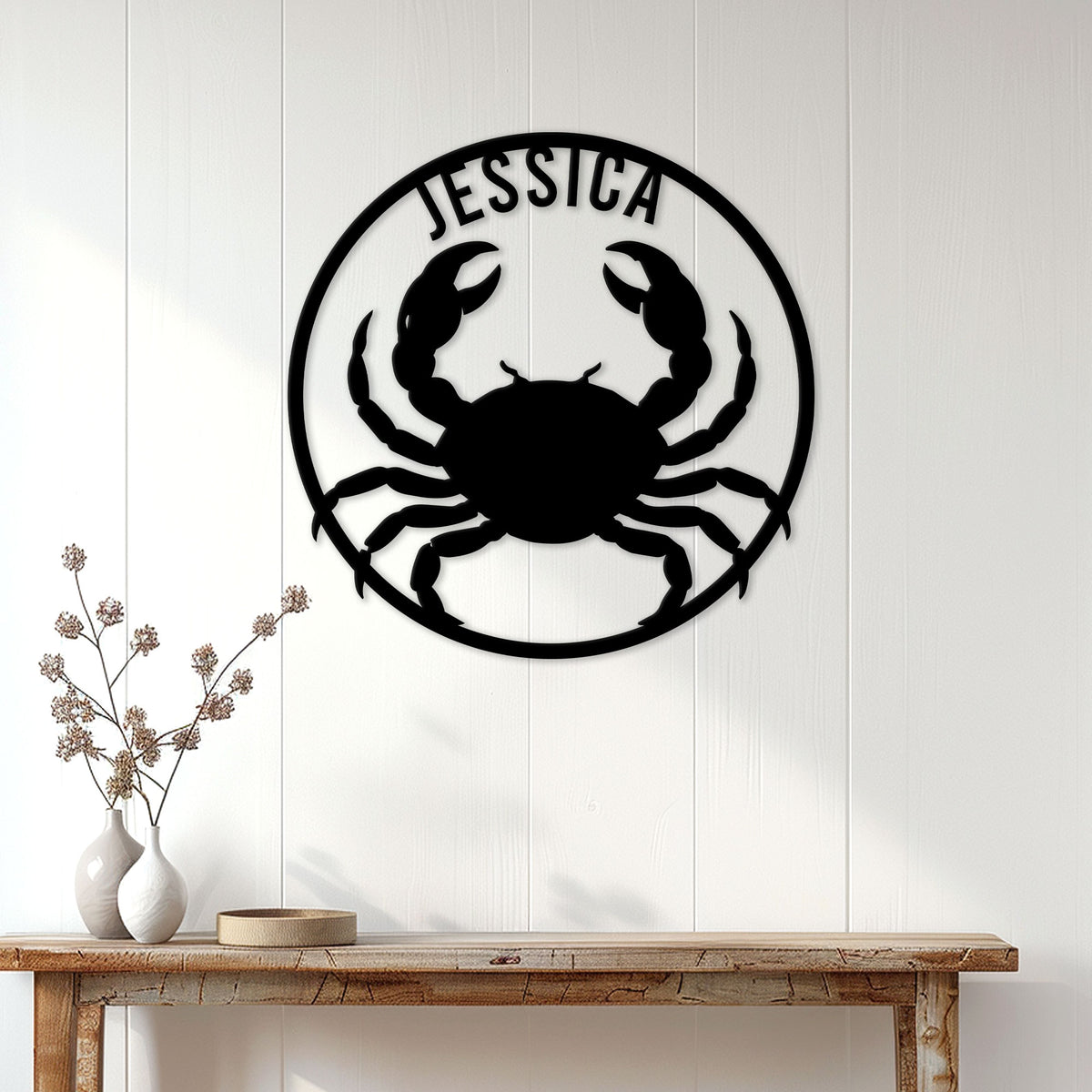 Cancer zodiac metal sign with a detailed crab silhouette displayed as modern wall decor