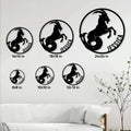 Zodiac metal sign size guide showing multiple circular sign designs in six available dimensions