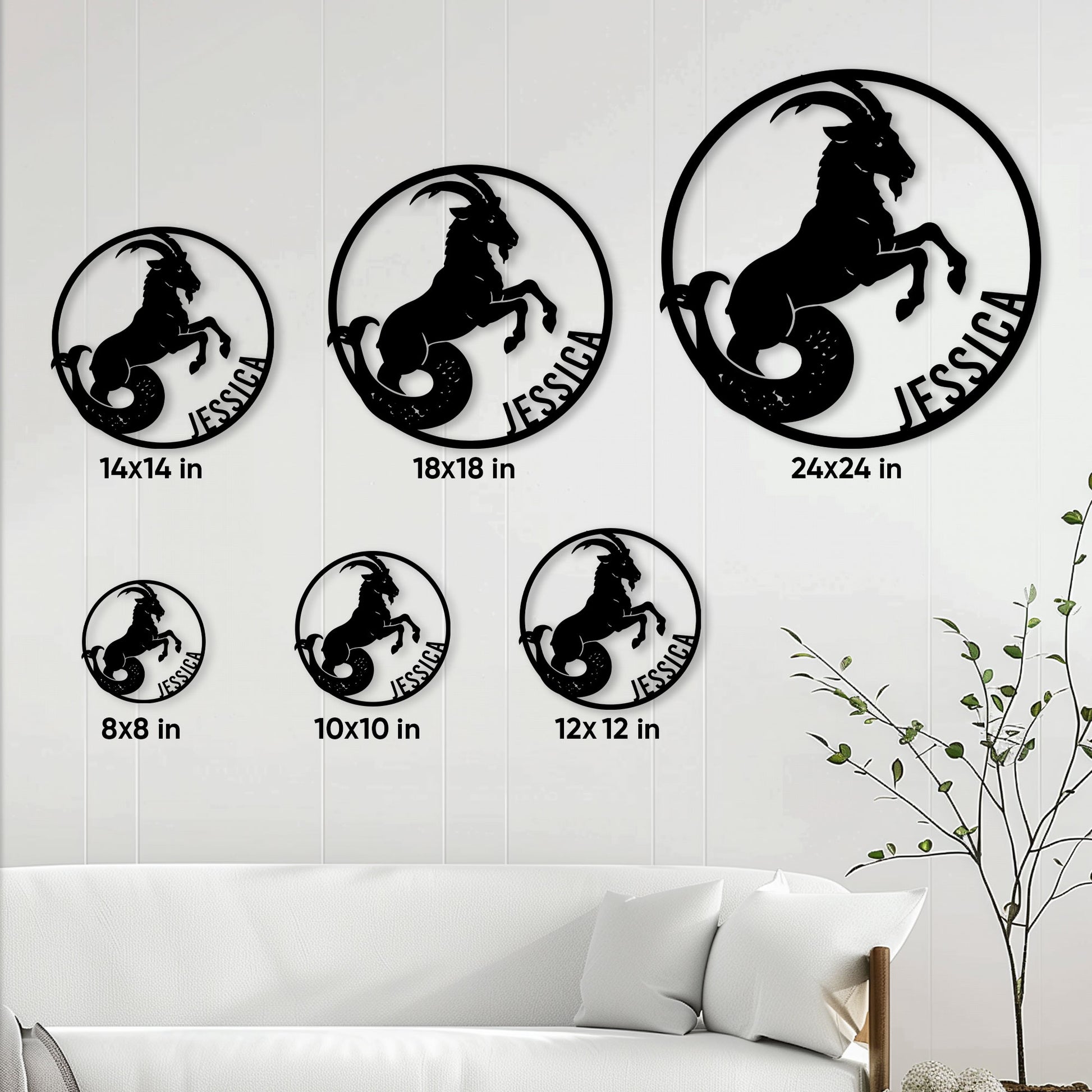 Zodiac metal sign size guide showing multiple circular sign designs in six available dimensions