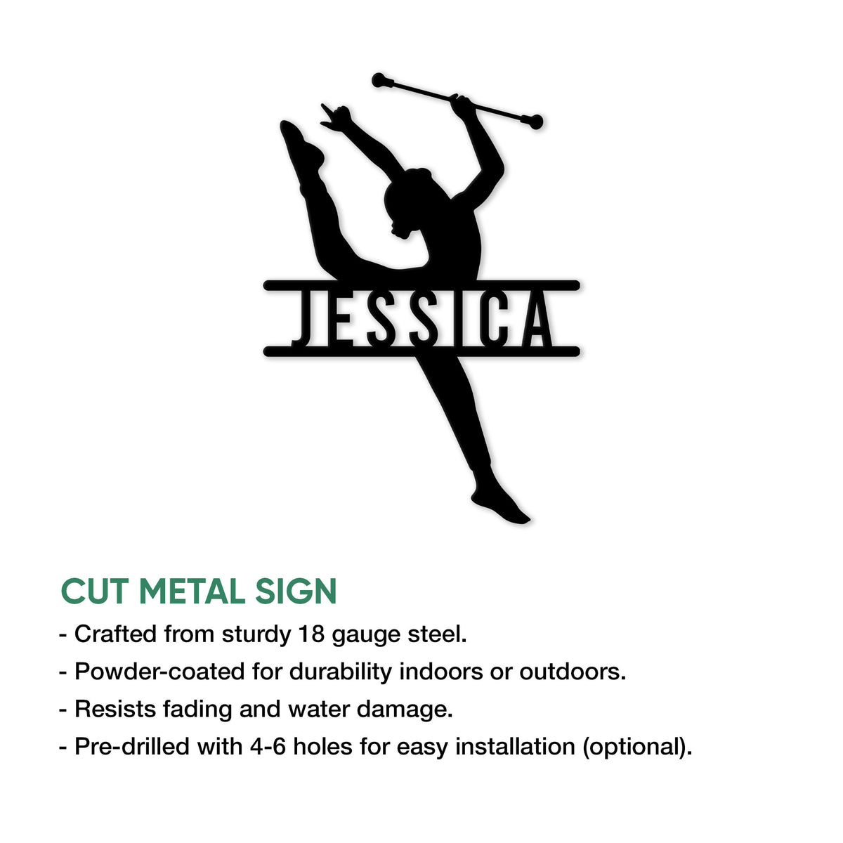 Baton twirling cut metal sign featuring a dynamic twirler silhouette and wall-mount design