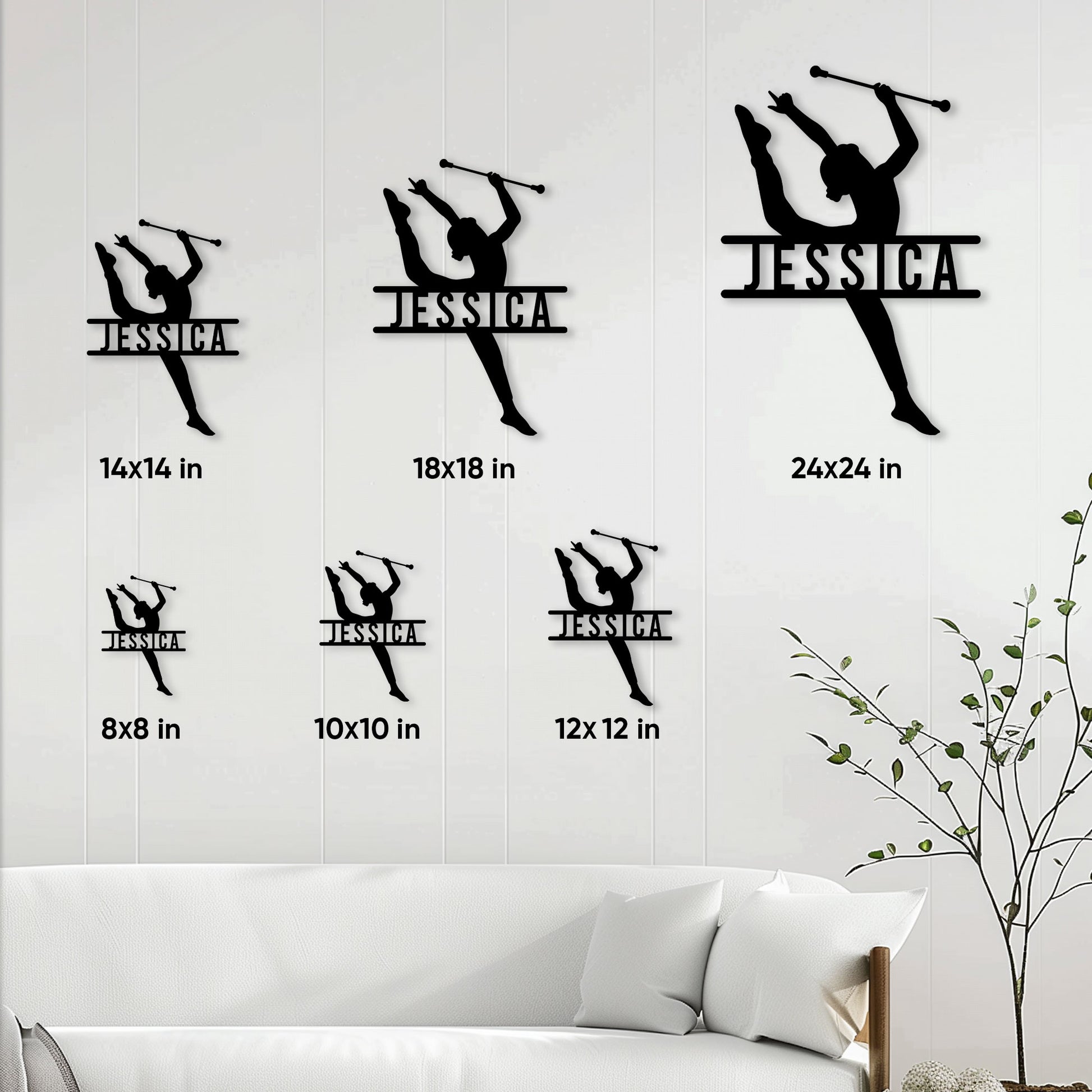 Baton twirling metal sign size guide showing several available square size options