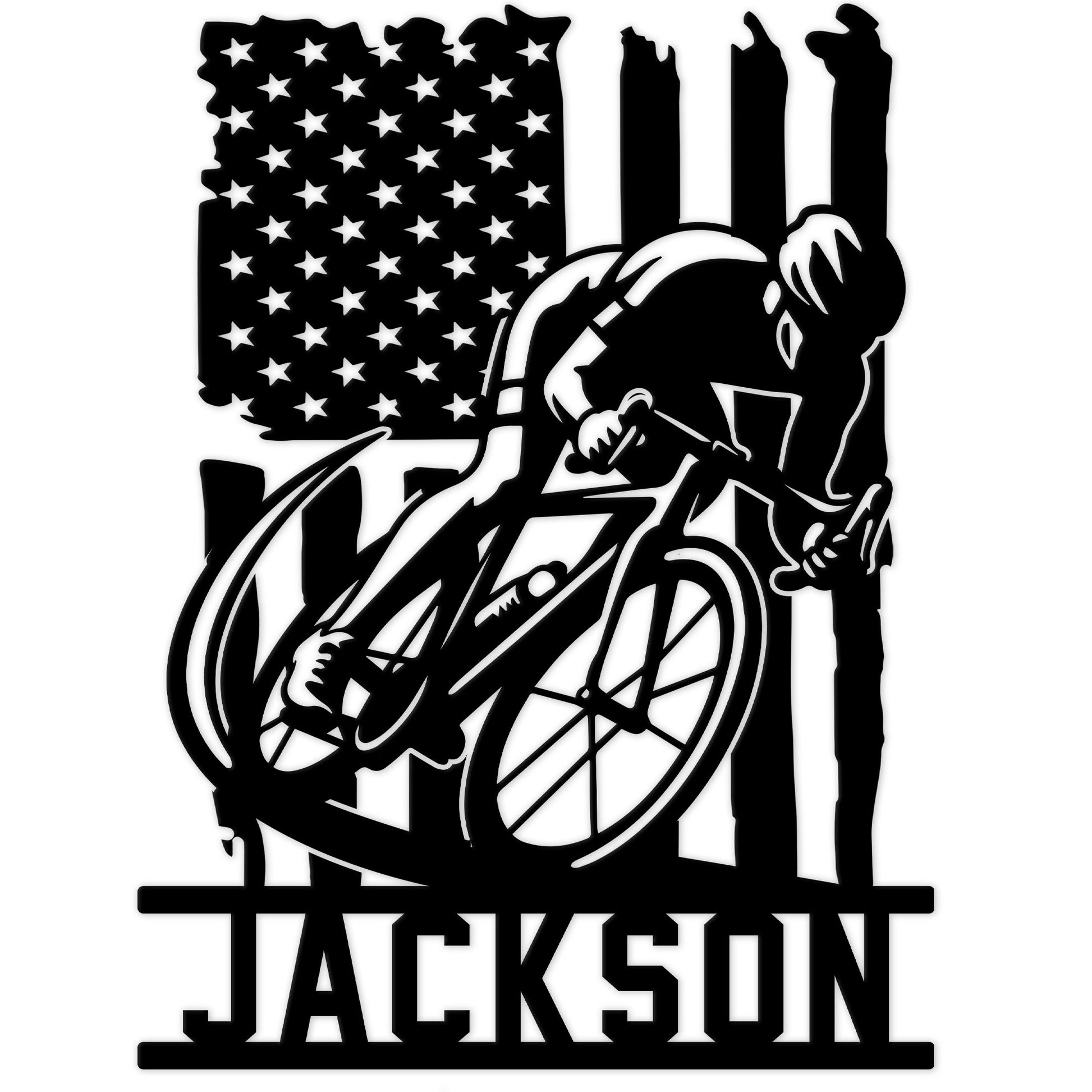 Patriotic cyclist metal sign featuring a road bike, rider silhouette, and American flag design