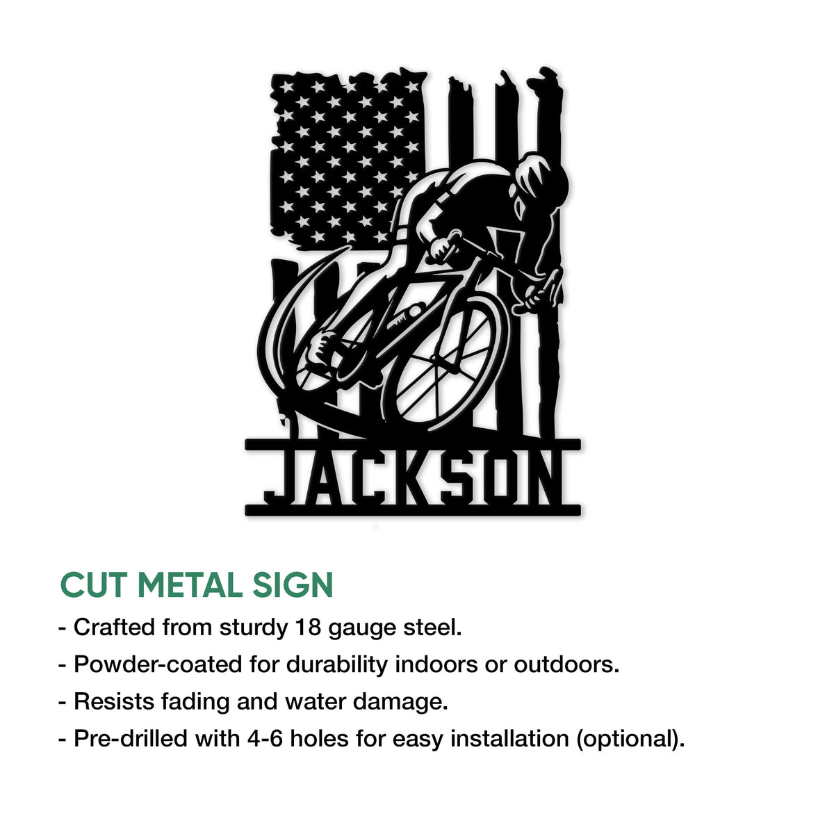 Cut metal cyclist sign featuring a road bike and patriotic American flag artwork